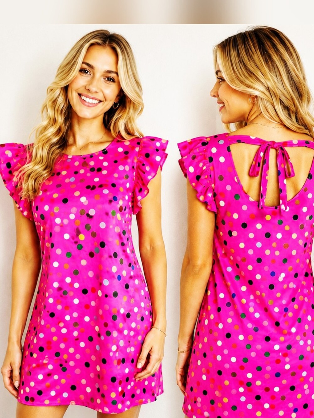 SHEIN Bright Pink Tunic Dress Colorful Polka-Dots, Ruffle Cap Sleeves, Sz Small